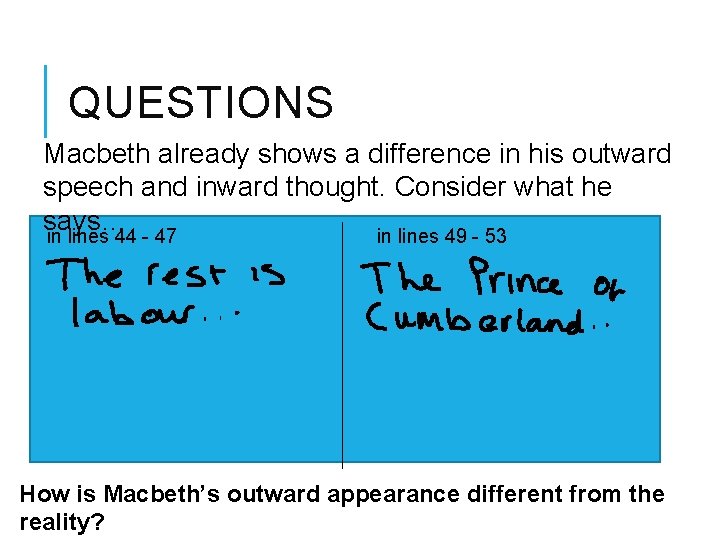 QUESTIONS Macbeth already shows a difference in his outward speech and inward thought. Consider