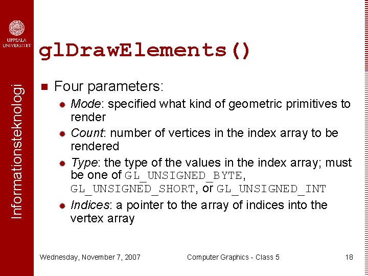 Informationsteknologi gl. Draw. Elements() n Four parameters: Mode: specified what kind of geometric primitives