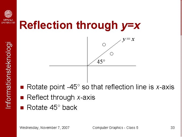 Informationsteknologi Reflection through y=x 45° n n n Rotate point -45° so that reflection