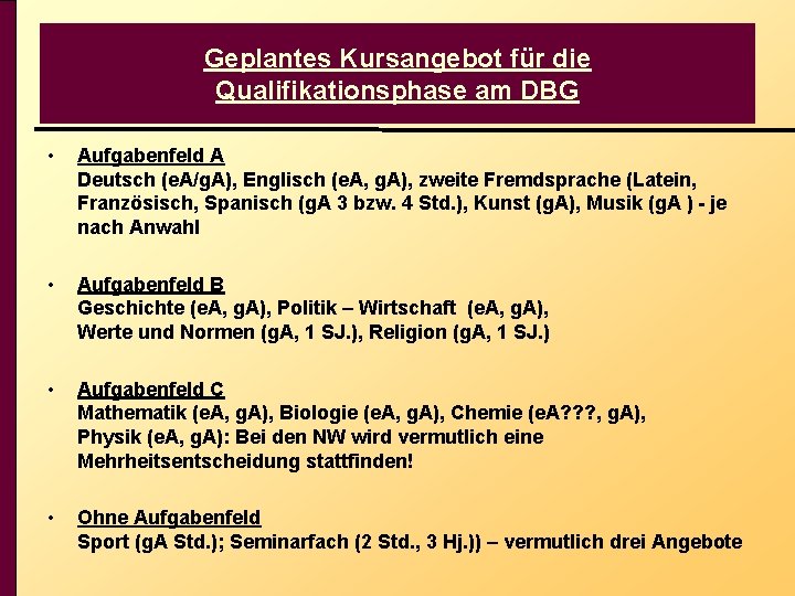 Geplantes Kursangebot für die Qualifikationsphase am DBG • Aufgabenfeld A Deutsch (e. A/g. A),