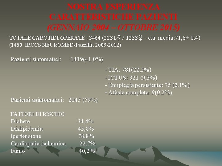 NOSTRA ESPERIENZA CARATTERISTICHE PAZIENTI (GENNAIO 2004 – OTTOBRE 2015) TOTALE CAROTIDI OPERATE : 3464