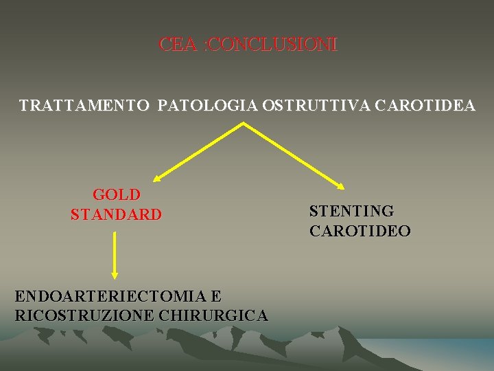 CEA : CONCLUSIONI TRATTAMENTO PATOLOGIA OSTRUTTIVA CAROTIDEA GOLD STANDARD ENDOARTERIECTOMIA E RICOSTRUZIONE CHIRURGICA STENTING