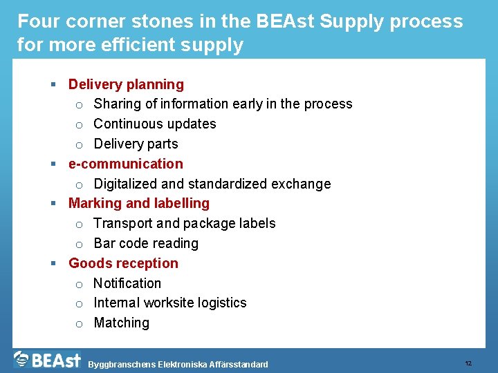 Four corner stones in the BEAst Supply process for more efficient supply § Delivery