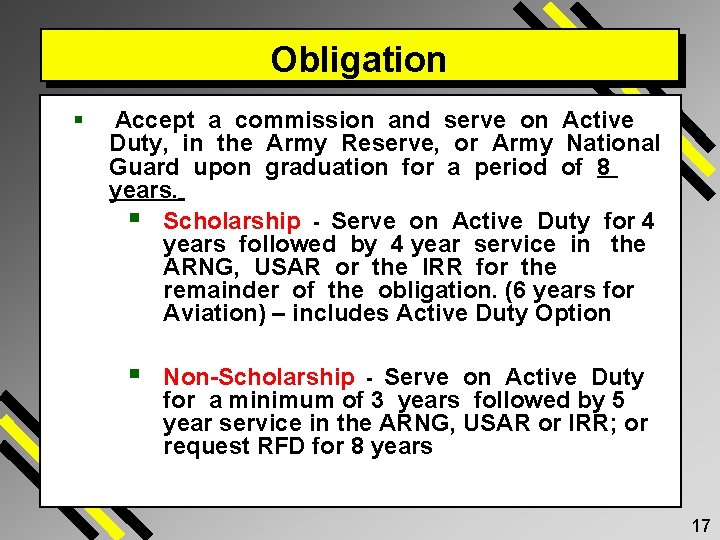 Obligation § Accept a commission and serve on Active Duty, in the Army Reserve,