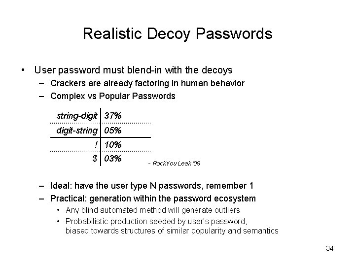 Realistic Decoy Passwords • User password must blend-in with the decoys – Crackers are