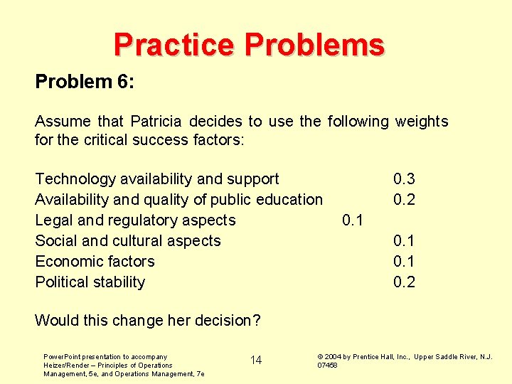 Practice Problems Problem 6: Assume that Patricia decides to use the following weights for