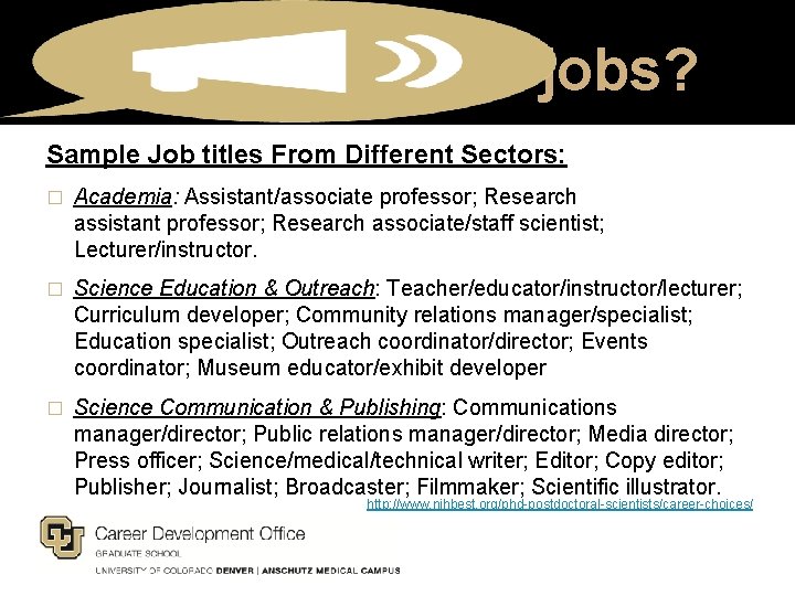 What are these jobs? Sample Job titles From Different Sectors: � Academia: Assistant/associate professor;