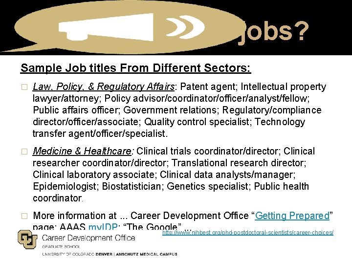 What are these jobs? Sample Job titles From Different Sectors: � Law, Policy, &