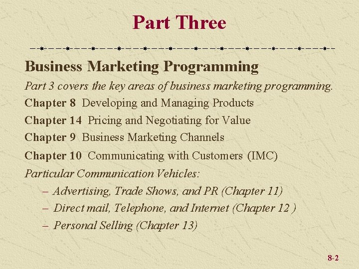 Part Three Business Marketing Programming Part 3 covers the key areas of business marketing