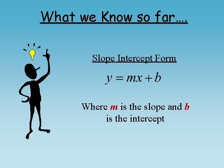 What we Know so far…. Slope Intercept Form Where m is the slope and