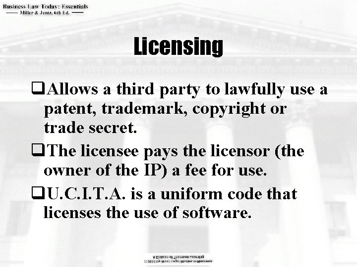 Licensing q. Allows a third party to lawfully use a patent, trademark, copyright or