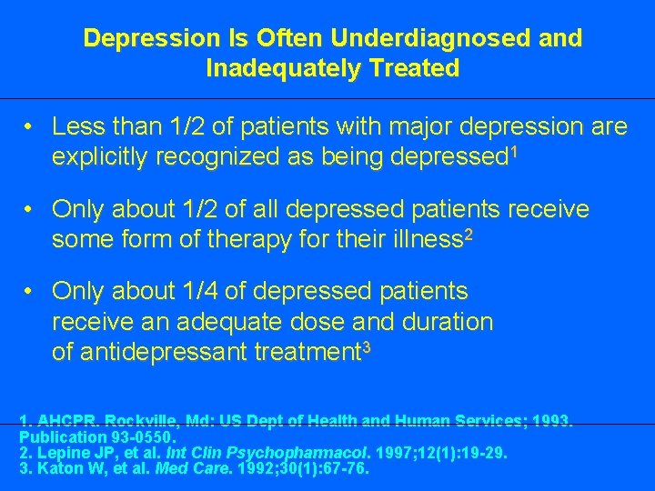 Depression Is Often Underdiagnosed and Inadequately Treated • Less than 1/2 of patients with