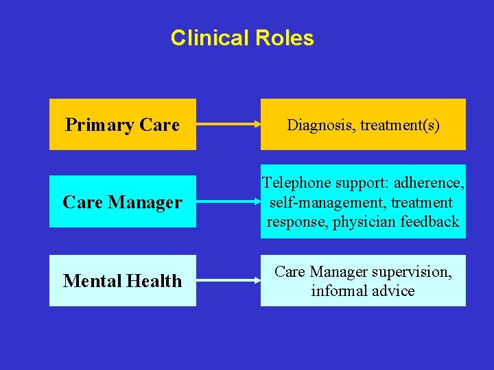 Clinical Roles Primary Care Diagnosis, treatment(s) Care Manager Telephone support: adherence, self-management, treatment response,