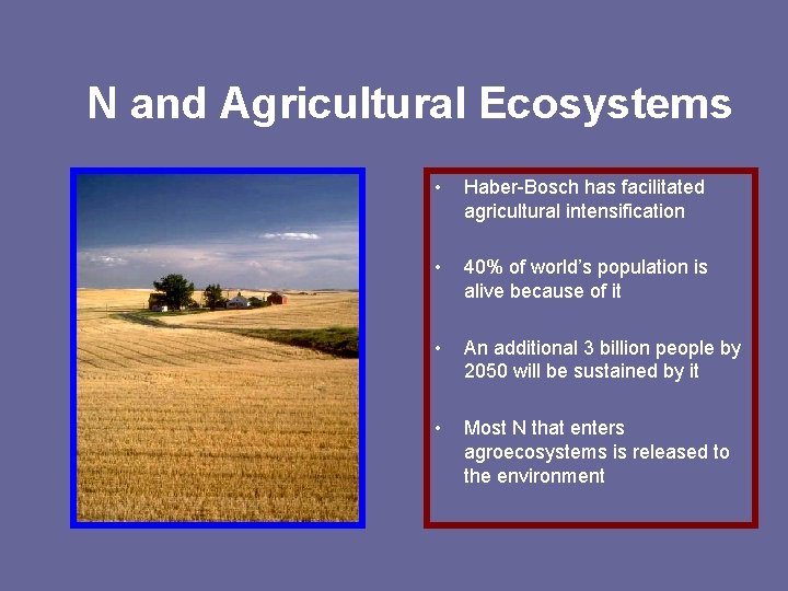 N and Agricultural Ecosystems • Haber-Bosch has facilitated agricultural intensification • 40% of world’s