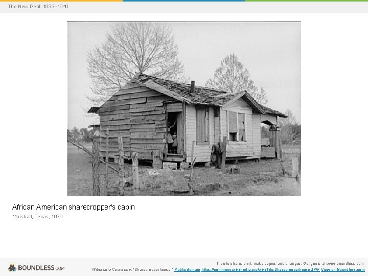 The New Deal: 1933– 1940 African American sharecropper's cabin Marshall, Texas, 1939 Free to