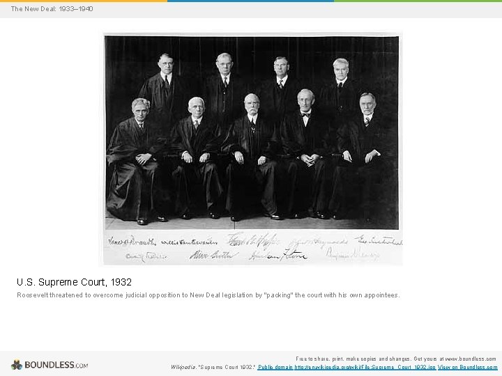 The New Deal: 1933– 1940 U. S. Supreme Court, 1932 Roosevelt threatened to overcome