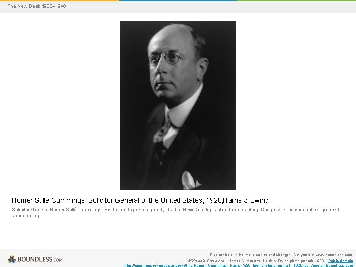 The New Deal: 1933– 1940 Homer Stille Cummings, Solicitor General of the United States,