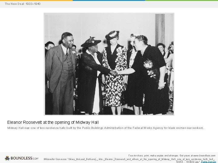 The New Deal: 1933– 1940 Eleanor Roosevelt at the opening of Midway Hall was