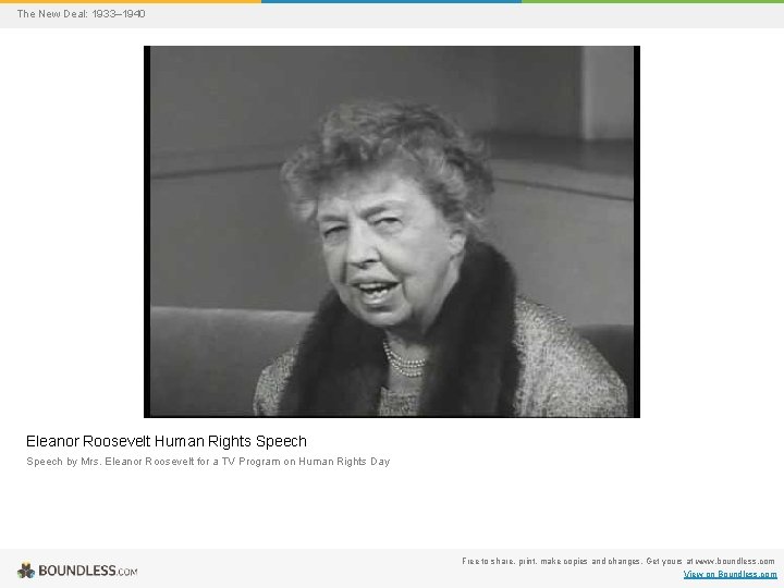 The New Deal: 1933– 1940 Eleanor Roosevelt Human Rights Speech by Mrs. Eleanor Roosevelt