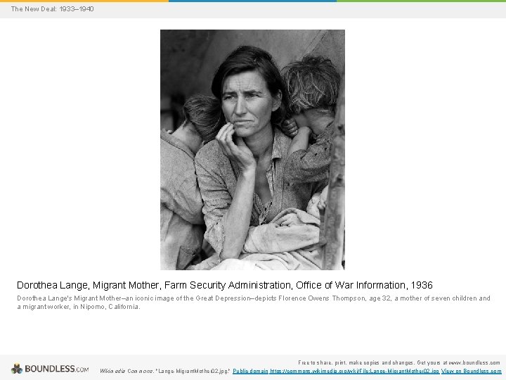 The New Deal: 1933– 1940 Dorothea Lange, Migrant Mother, Farm Security Administration, Office of