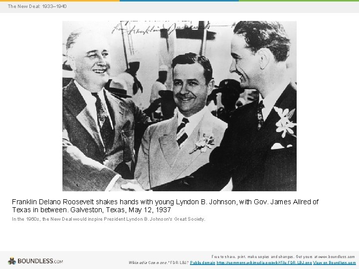 The New Deal: 1933– 1940 Franklin Delano Roosevelt shakes hands with young Lyndon B.