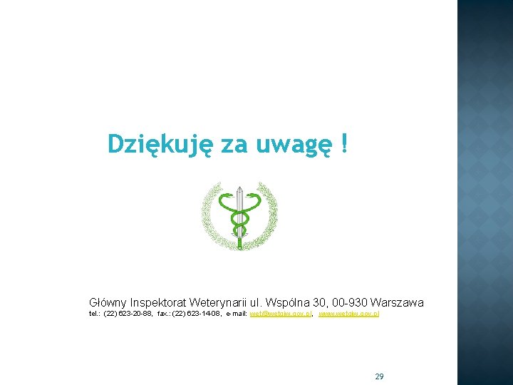 Dziękuję za uwagę ! Główny Inspektorat Weterynarii ul. Wspólna 30, 00 -930 Warszawa tel.