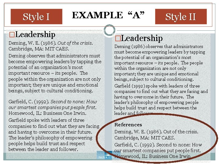 EXAMPLE “A” Style I �Leadership Deming, W. E. (1986). Out of the crisis. Cambridge,