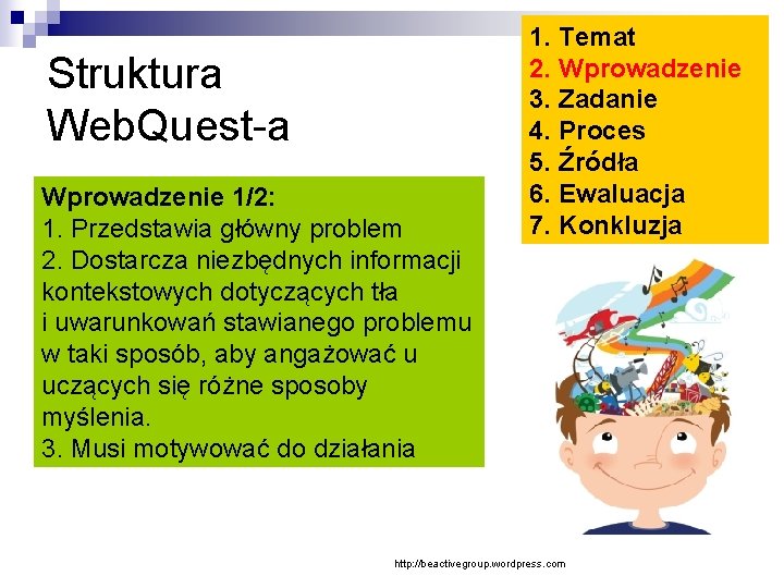 Struktura Web. Quest-a Wprowadzenie 1/2: 1. Przedstawia główny problem 2. Dostarcza niezbędnych informacji kontekstowych