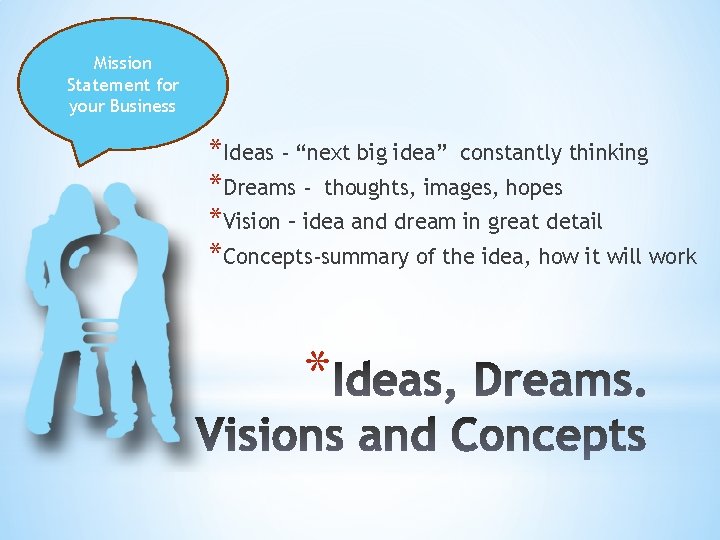Mission Statement for your Business *Ideas - “next big idea” constantly thinking *Dreams -