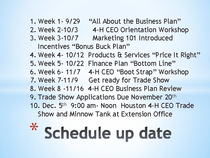 1. Week 1 - 9/29 “All About the Business Plan” 2. Week 2 -10/3