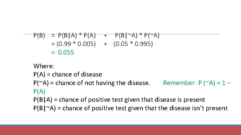 P(B) = P(B|A) * P(A) + P(B|~A) * P(~A) = (0. 99 * 0.