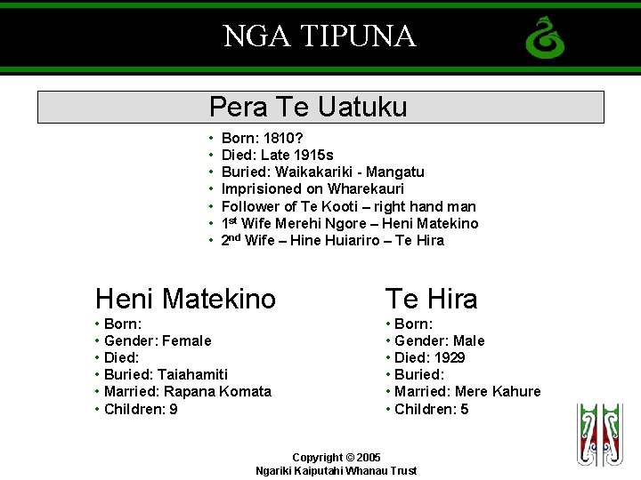 NGA TIPUNA Pera Te Uatuku • • Born: 1810? Died: Late 1915 s Buried: