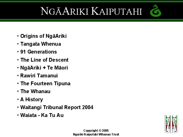 NGĀARIKI KAIPUTAHI • Origins of NgāAriki • Tangata Whenua • 91 Generations • The