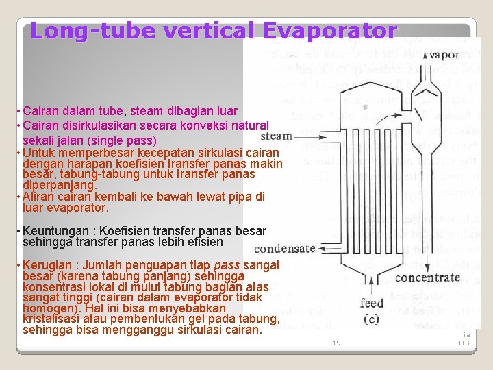 Long-tube vertical Evaporator • Cairan dalam tube, steam dibagian luar • Cairan disirkulasikan secara