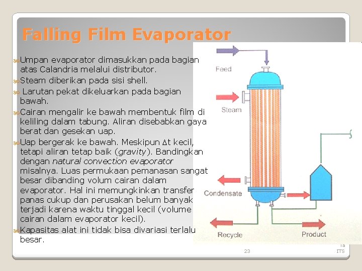 Falling Film Evaporator Umpan evaporator dimasukkan pada bagian atas Calandria melalui distributor. Steam diberikan