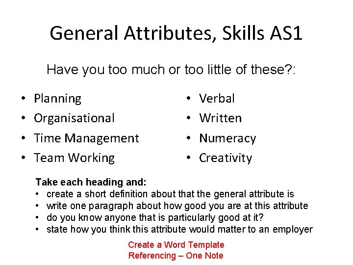 General Attributes, Skills AS 1 Have you too much or too little of these?