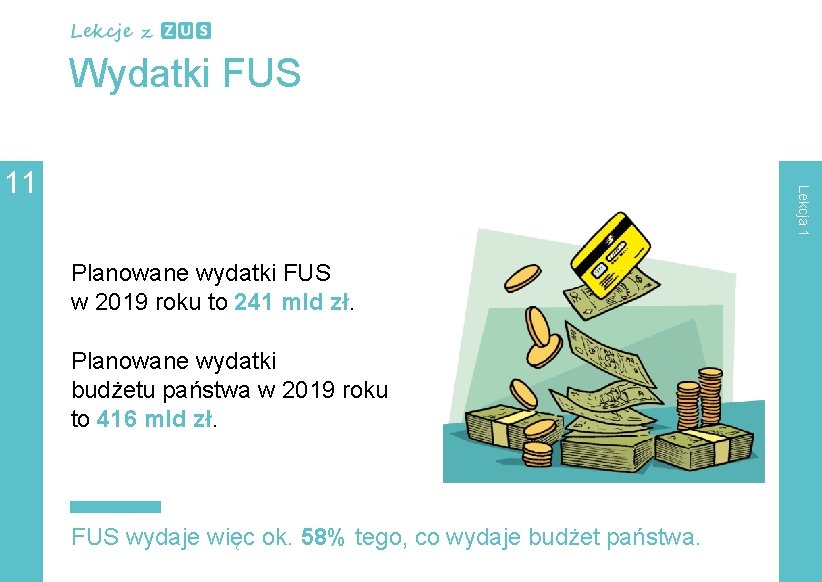 Wydatki FUS Lekcja 1 11 Planowane wydatki FUS w 2019 roku to 241 mld