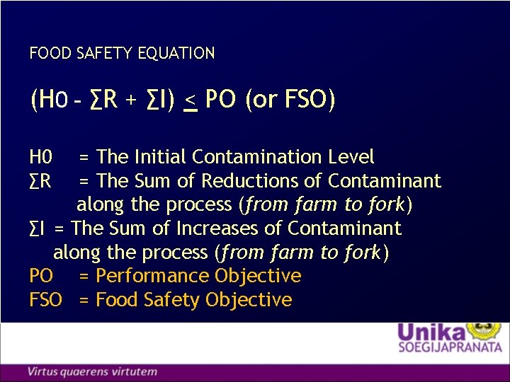 FOOD SAFETY EQUATION (H 0 - ∑R + ∑I) < PO (or FSO) H