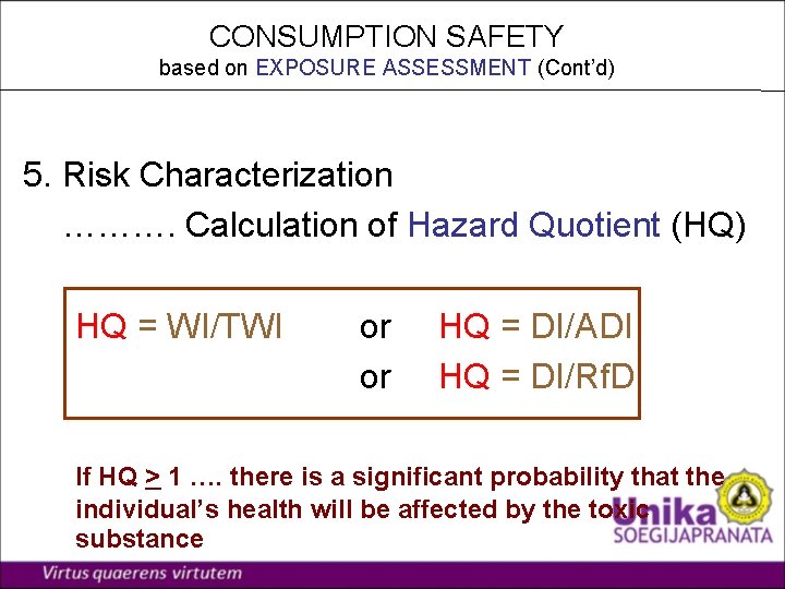 CONSUMPTION SAFETY based on EXPOSURE ASSESSMENT (Cont’d) 5. Risk Characterization ………. Calculation of Hazard