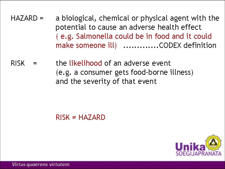 HAZARD = a biological, chemical or physical agent with the potential to cause an