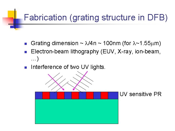 Fabrication (grating structure in DFB) n n n Grating dimension ~ /4 n ~