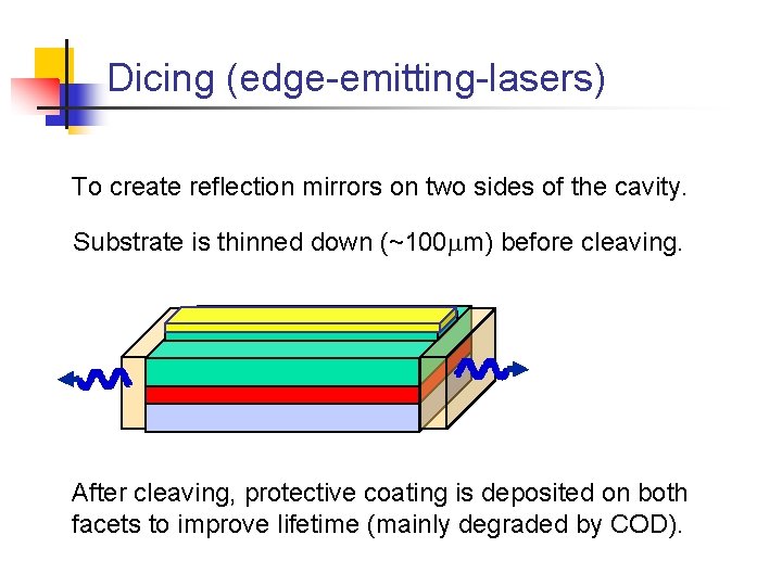 Dicing (edge-emitting-lasers) To create reflection mirrors on two sides of the cavity. Substrate is