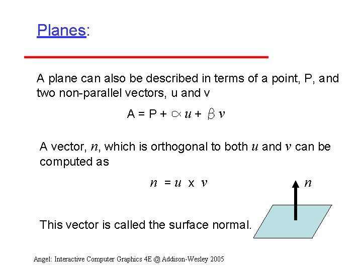 Planes: A plane can also be described in terms of a point, P, and