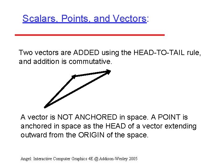 Scalars, Points, and Vectors: Two vectors are ADDED using the HEAD-TO-TAIL rule, and addition