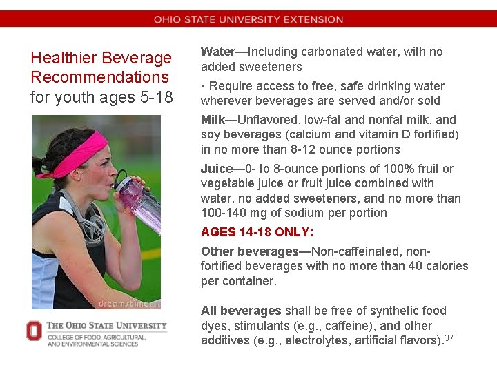 Healthier Beverage Recommendations for youth ages 5 -18 Water—Including carbonated water, with no added