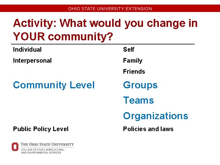 Activity: What would you change in YOUR community? Individual Self Interpersonal Family Friends Community