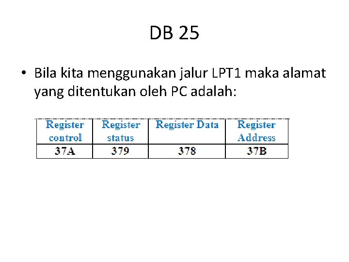 DB 25 • Bila kita menggunakan jalur LPT 1 maka alamat yang ditentukan oleh