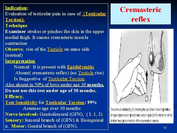 Indication: Evaluation of testicular pain in case of (Testicular Torsion). Technique Examiner strokes or
