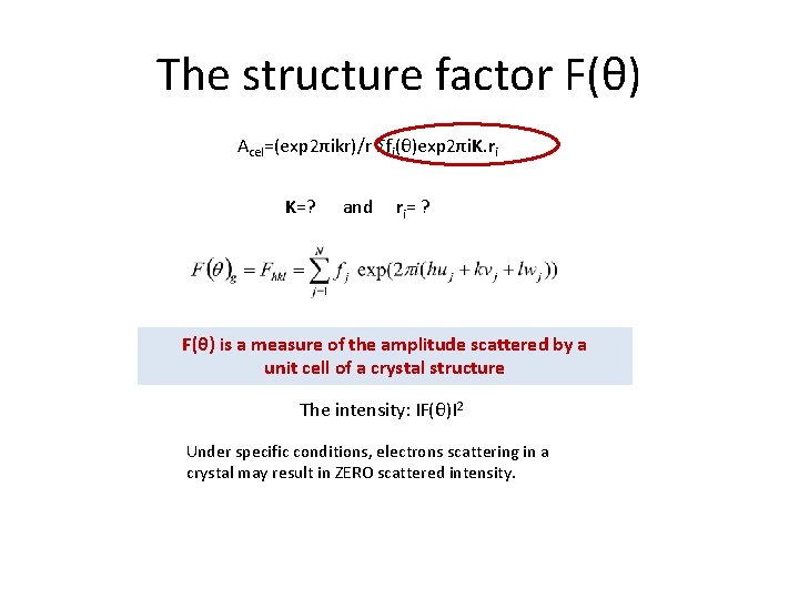 The structure factor F(θ) Acel=(exp 2πikr)/r Σfi(θ)exp 2πi. K. ri K=? and ri= ?