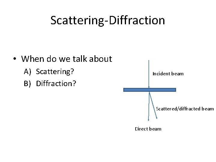Scattering-Diffraction • When do we talk about A) Scattering? B) Diffraction? Incident beam Scattered/diffracted